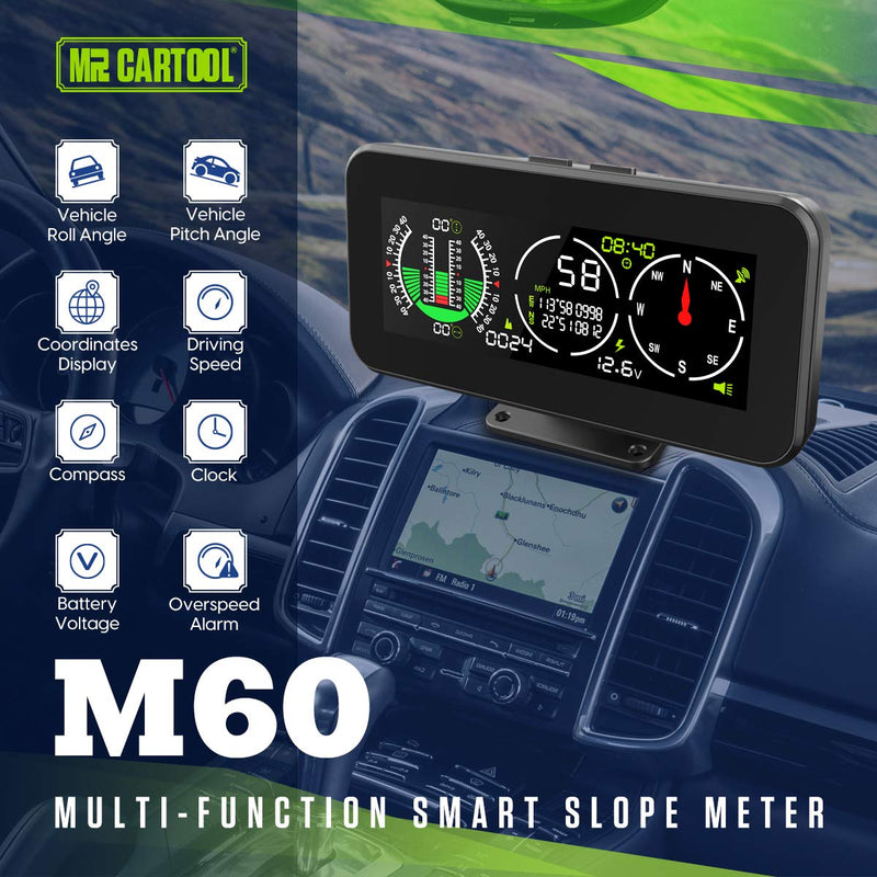 M60 Car Inclinometer for Off-Road SUV Vehicles, MPH KMH GPS Speedometer with Compass, Multifunctional Digital HUD Level Tilt Gauge Angle Slope Meter with Coordinate Display M60