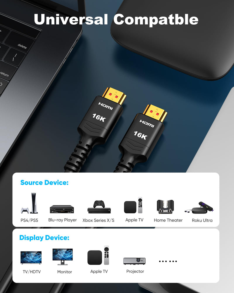 Highwings 16K 10K 8K HDMI Cable 6FT, 8K@120Hz 144Hz HDMI 2.2 Cord Ultra High Speed 96Gbps, Durable, Flexible, for Gaming Monitor, Game Console, Graphics Card, Streaming Media, TV, Ethernet, SoundBar 6 feet 16K@60Hz Black