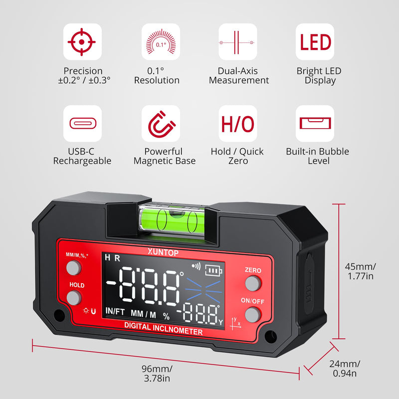 XUNTOP Digital Angle Finder Tool Dual Axis X-axis of 4×90° and Y-axis of ±60° Powerful Magnetic Base Level Box Type-C Rechargeable Digital Inclinometer with LED Display for Woodworking Table Saw
