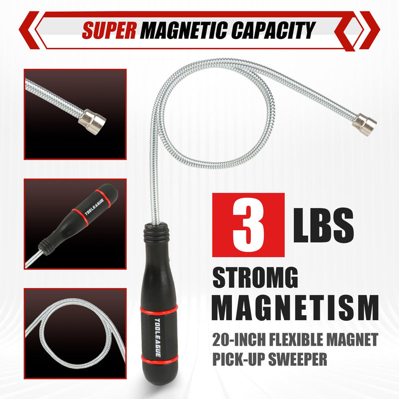 TOOLEAGUE 7Pcs Telescoping Magnetic Pickup Tool Set, Extendable LED Flashlight,Round & Square 360° Inspection Mirror for Men Mechanics, and Handymen, Red 7 7 pcs