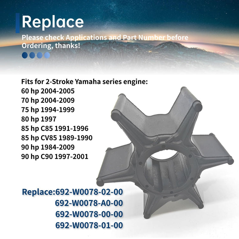 Water Pump Impeller Kit for Yamaha 60-90HP 2-Stroke Outboards 2000-2019 - OEM 692-W0078-02-00 Replacement with Gaskets, Fits 70/75/90HP TLR & F90 Engines