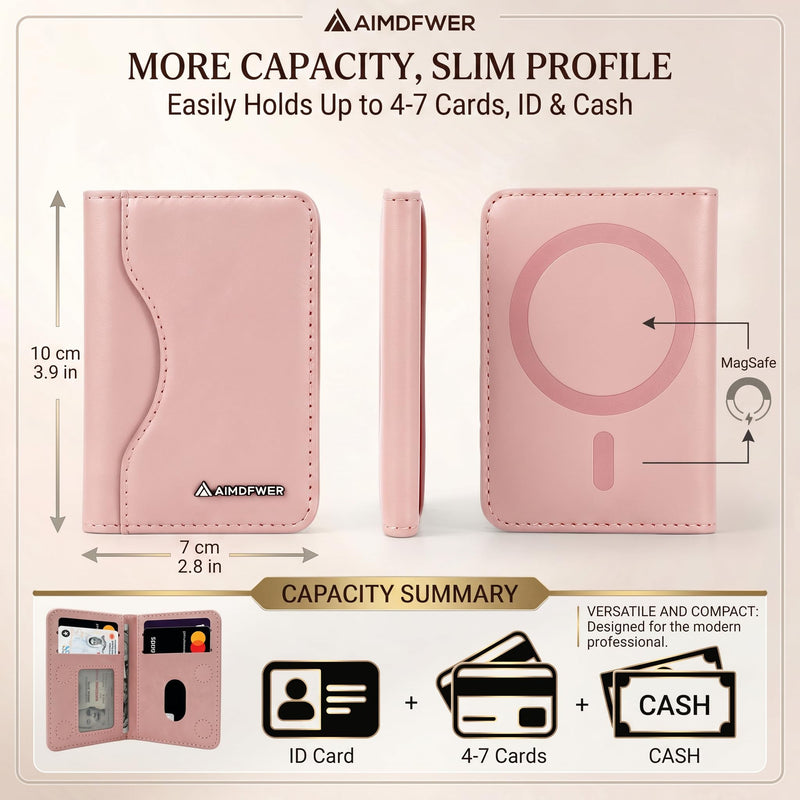 MagSafe Wallet Stand with ID Window, 7 Card Holder with RFID Blocking for MagSafe Phone and Case, Slim Leather Magnetic Wallet for iPhone 17e/17/16/15/14/13/12 Series(Pink) Pink