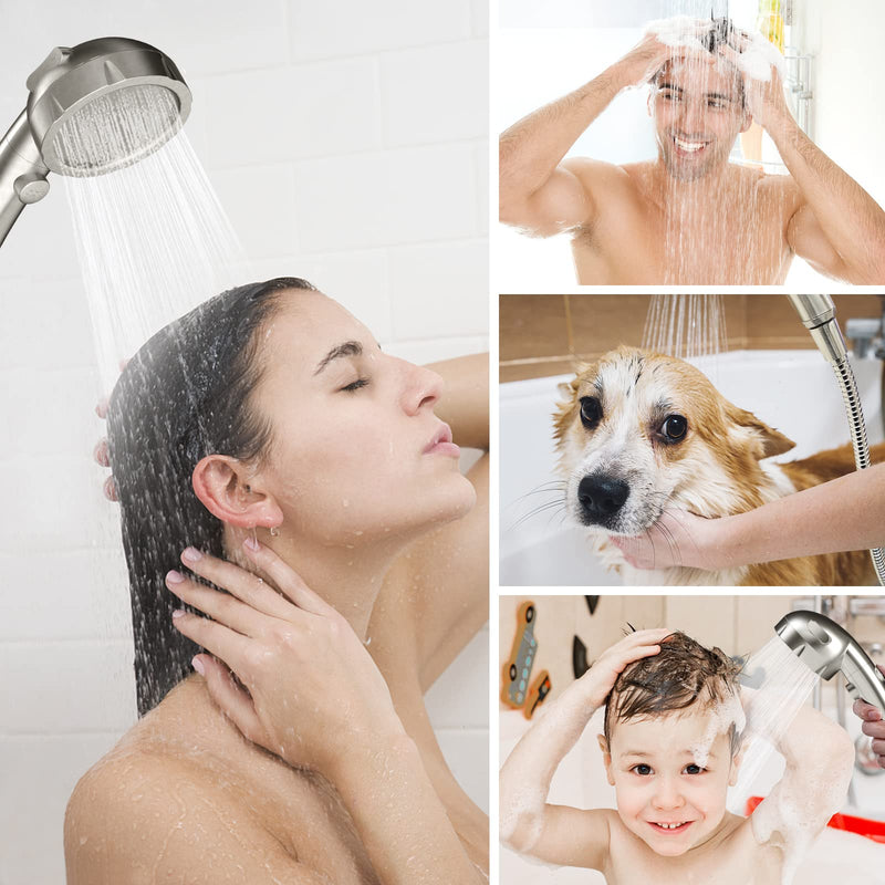 HANLIAN High Pressure Shower Head with Pause Button, 3 Spray Modes Shower Head for RV Camper, Water Saving On Off Shower, Handheld Shower Head with Hose and Self-adhesive Holder (Brushed Nickel) Brushed Nickel
