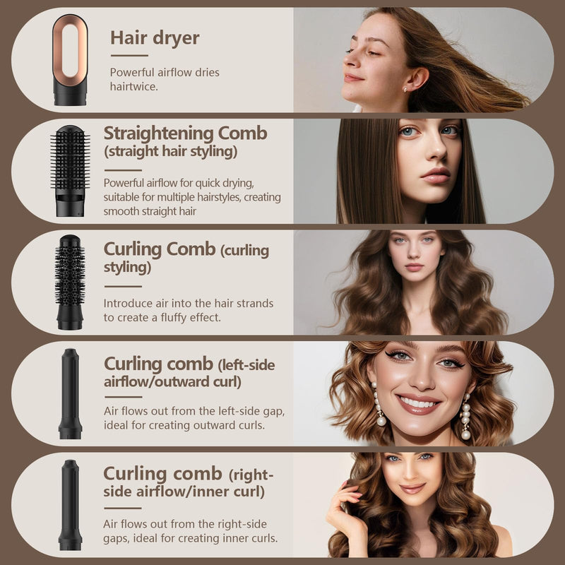 Hair Dryer Brush, 5 in 1 Hot Air Brush, 1000W Multi-Functional Hot Brushes with Detachable Heads for Hair Styling for Curling, Straightening, Drying, (A Heat-Resistant Glove)