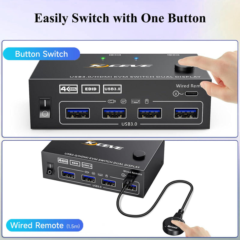 8 Port HDMI KVM Switch 4K@30Hz, 8 in 1 Out USB 2.0 KVM Switches for 8 Computers Share 1 Monitor and 4 USB Devices, 8 Port KVM Switch with Wired Remote and 8 USB Cables HDMI KVM Switch 2 Monitors