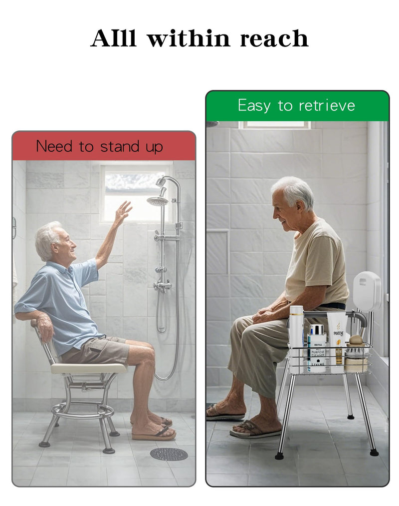 Bathroom Shower Organizer, Chair Upper Hanging Shelf, 304 Stainless Steel Seat Storage Shelf for Elderly Disabled Shower Chair Bench with Armrests