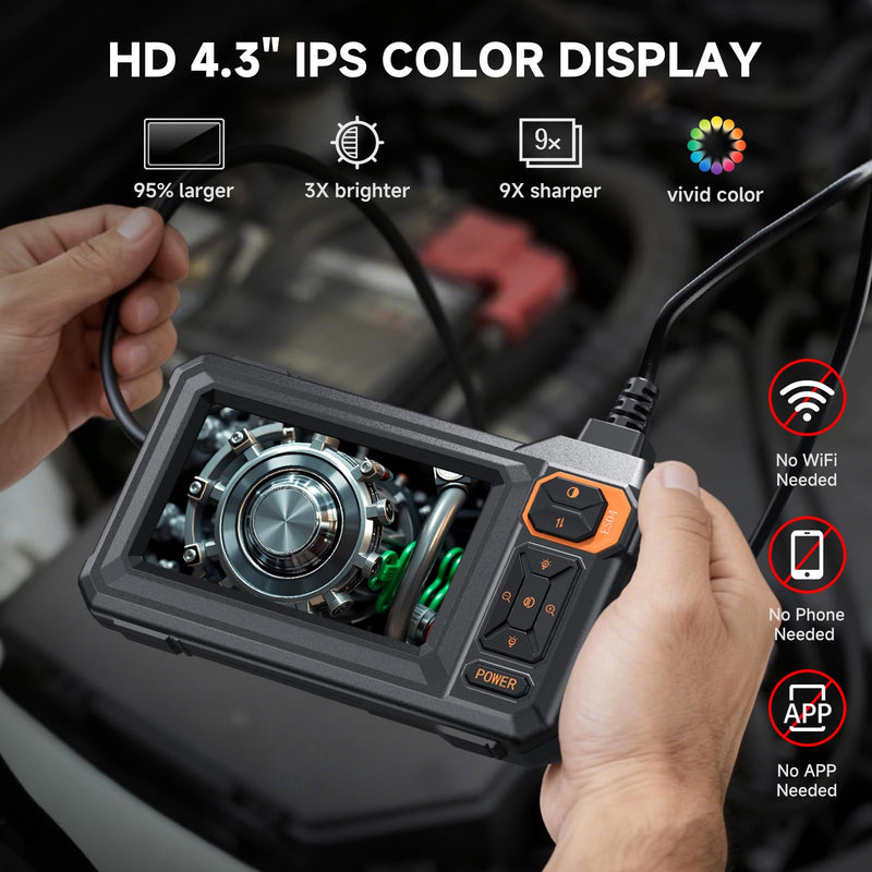 Dual Lens Endoscope Camera with Light, FFXET 4.3" IPS 1080P HD Inspection Camera, 8 Adjustable LEDs, 16.4ft Semi-Rigid Snake Cable, IP67 Waterproof, Borescope for Automotive,Sewer,HVAC,Wall, Men Tools 4.3'' Dual-Lens