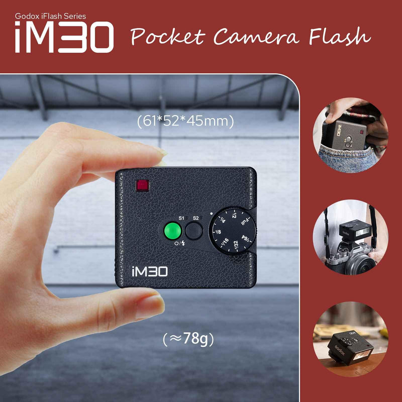 Godox iM30 Mini Flash for Canon/Sony/Fujifilm/Nikon/Panasonic/Olympus | GN15 with 7 Levels Flash Power, S1/S2 Optical Control, GODOX Flash iM 30 Mini Camera Flash iM30 without Diffuser