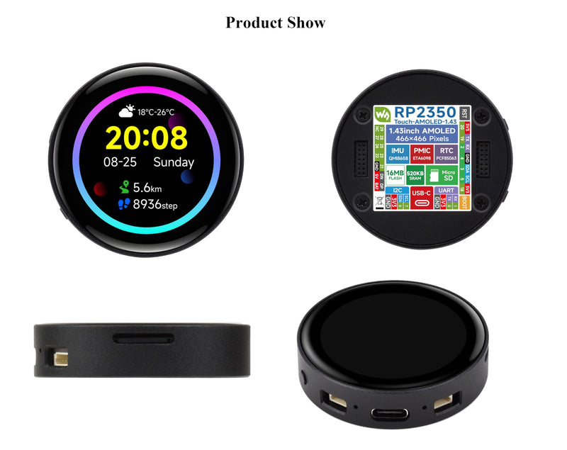 RP2350 1.43inch AMOLED Touch Display Development Board, 466x466, SPI Interface Round Display, Onboard Accelerometer and Gyroscope Sensor, USB, UART, I2C and GPIO, etc. with CNC Metal Case