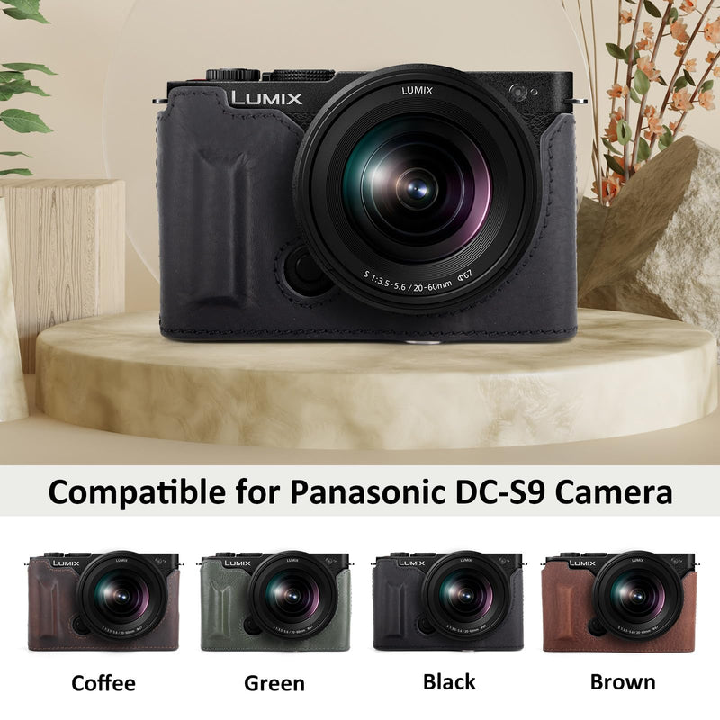 MUZIRI KINOKOO Half Case Compatible for Panasonic Lumix DC-S9 Camera, Genuine Leather Protective Cover for Lumix S9 Mirrorless Camera - with Opening Bottom and Hand Grip Design - Black