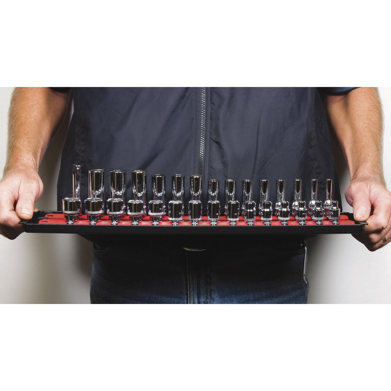 Ernst Manufacturing - 8453 Socket Boss 2-Rail 3/8-Inch-Drive Socket Organizer, 19-Inch, Red - Socket Storage Tray and Organization System for Mechanics and Automotive Service Technicians 3/8"