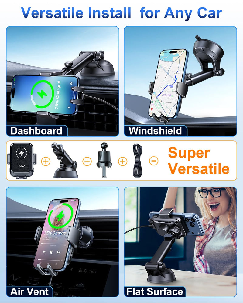 YRU [True Military-Grade Wireless Car Charger Mount, 15W Charging Auto Clamping Car Phone Holder [98+LBS Strong] Dashboard Windshield Vent Cellphone Holder for iPhone 17 16 15 Pro Max, Space Black