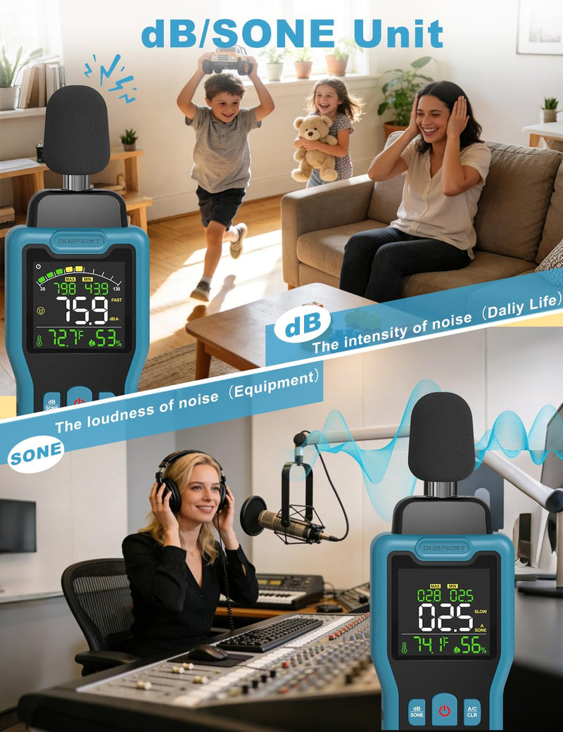 Decibel Meter, DURFICST Sound Level Meter 30-130dB, SPL Meter with Temperature & Humidity, A/C Weighted DB Meter with dB/SONE, Fast/Slow, MAX/MIN, for Home, Office, Factory, Neighbor Noise