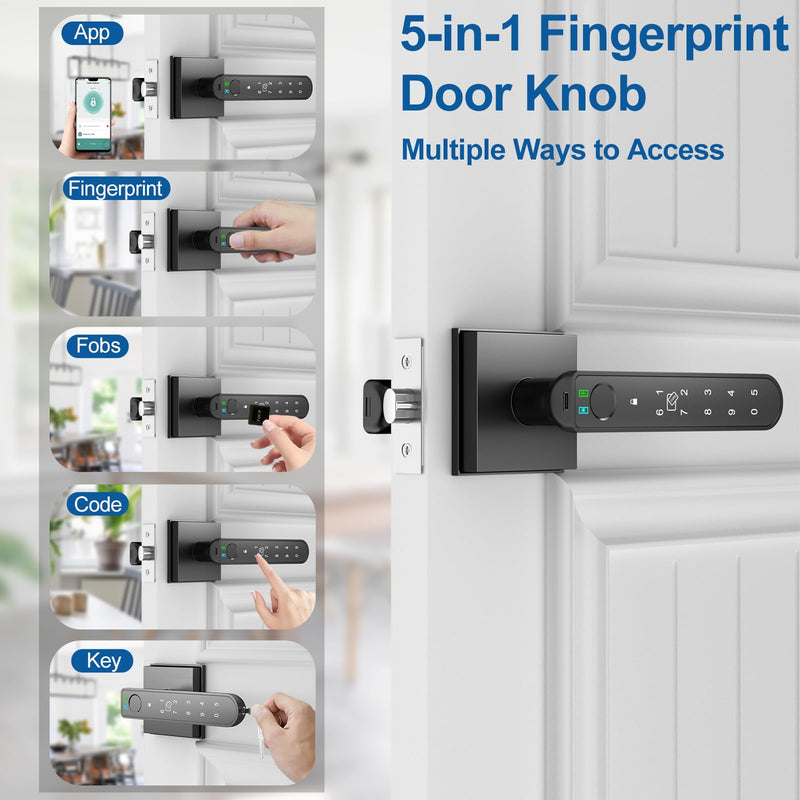 Foxgard Smart Fingerprint Door Lock:Fingerprint Door Knob-Biometric 5-in-1 Finger Print Door Lock-Thumb Print Door Knob for Bedroom-APP Control-Easy Installation–Square Black–1 Pack Modern