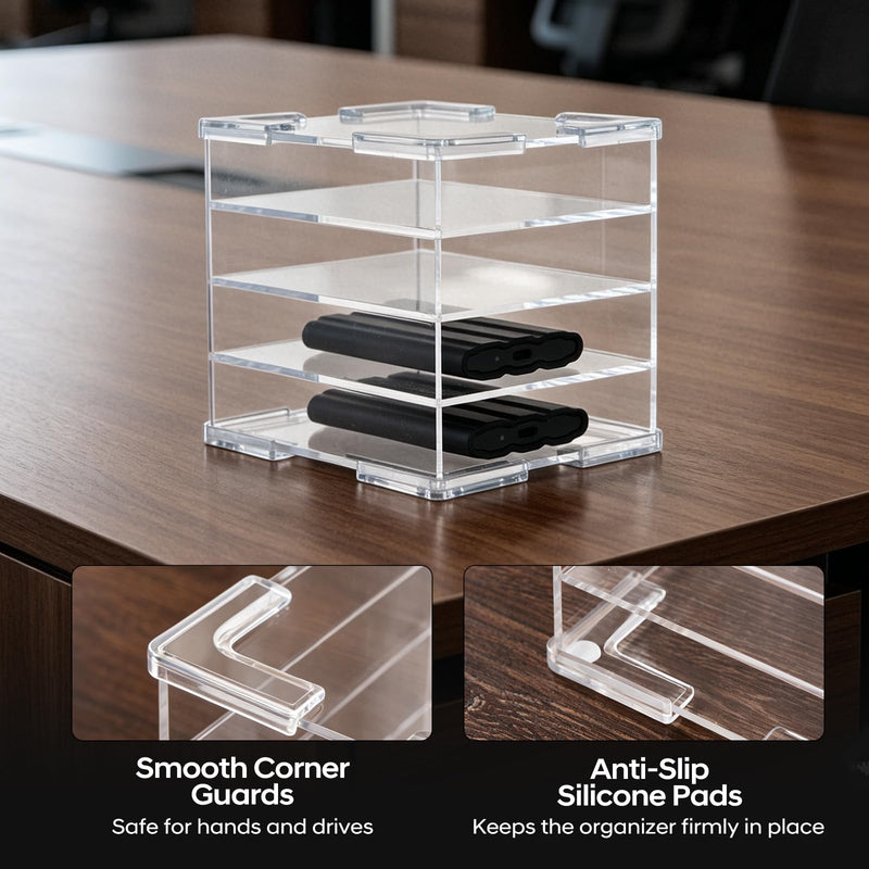 Acrylic External Hard Drive Organizer, 4-Bay Desktop Holder for HDD & SSD, Clear Portable Drive Storage