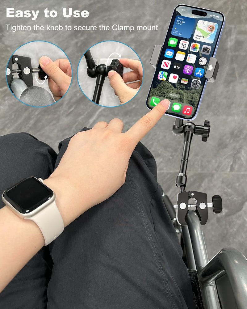 All-Metal Phone Holder for Wheelchair, Boat, Mic Stand, Stroller, Golf Cart, Exercise Bike, 360° Adjustable Handlebar Clamp Mount for iPhone 16 Pro Max 15 14 13 12 Plus, Galaxy, All Smartphone