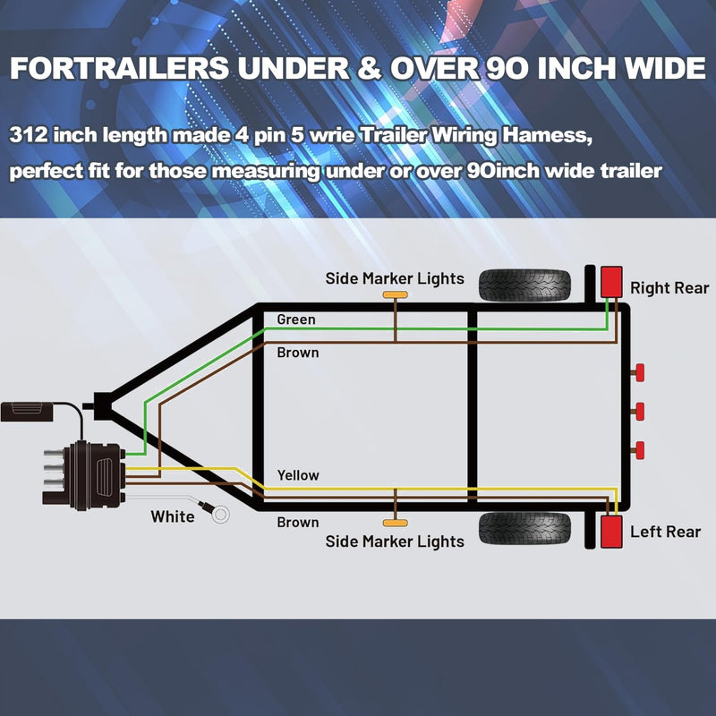 26FT Trailer Wiring Harness Kit, 4 Pin 5 Wire Trailer Wiring Harness, Boat Trailer Wiring Harness, 5 Wire 4 Pin Flat Trailer Connector, for Connection of Tail Lights, Brake Lights and Turn Signals 26FT