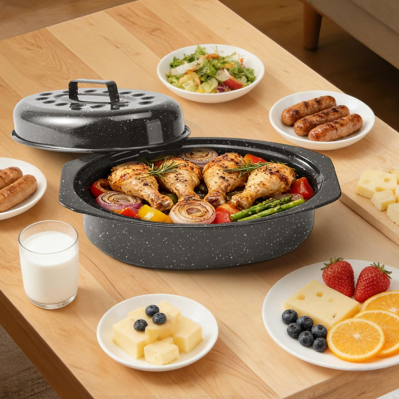 13" Roasting Pans for Ovens Porcelain Enameled Steel Oval Roaster Pan with Domed Lid for Small Turkey, Chicken, Vegetable, Lamb, Sourdough Bread Black-13 Inch