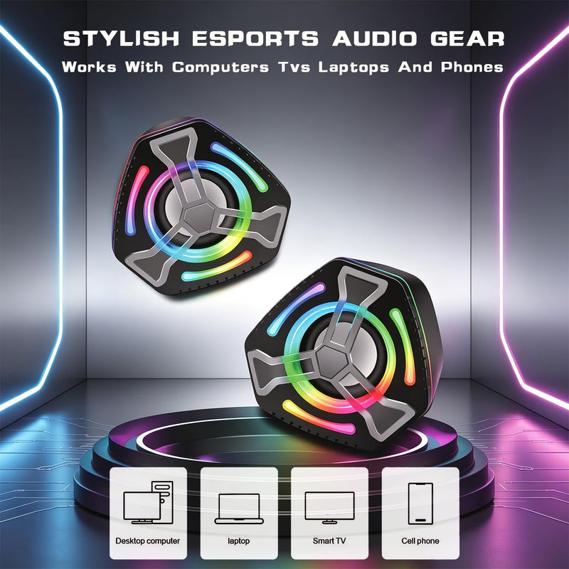 Computer Speakers, 7-Color RGB Lights, Headphone Jack, Enhanced Bass & Volume Control, USB Powered Gaming Speakers for Laptop, Monitor, PC, Tablet and Phone