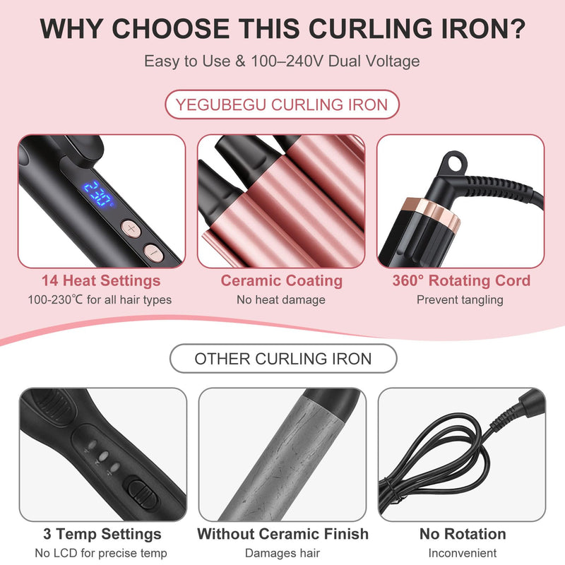 3 Barrel Hair Waver for Long or Short Styling, 25mm Hair Curler Crimper with 14 Temperature Settings 100-230°C, Ceramic Curling Iron Tongs Creates Mermaid Waves