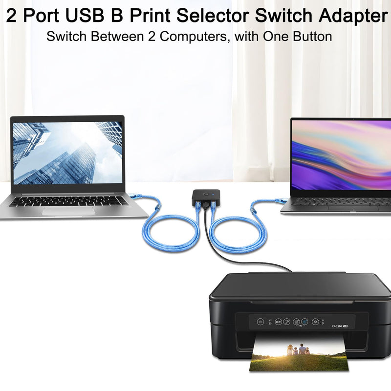 QIANRENON USB2.0 Printer Sharer Switcher 2 Port USB B Print Selector Switch Adapter, 2 Computer Share 1 Printer Manual Switcher, with LED Light, Including 2 * 1.5m Print Cable