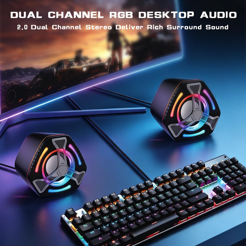 Computer Speakers, 7-Color RGB Lights, Headphone Jack, Enhanced Bass & Volume Control, USB Powered Gaming Speakers for Laptop, Monitor, PC, Tablet and Phone