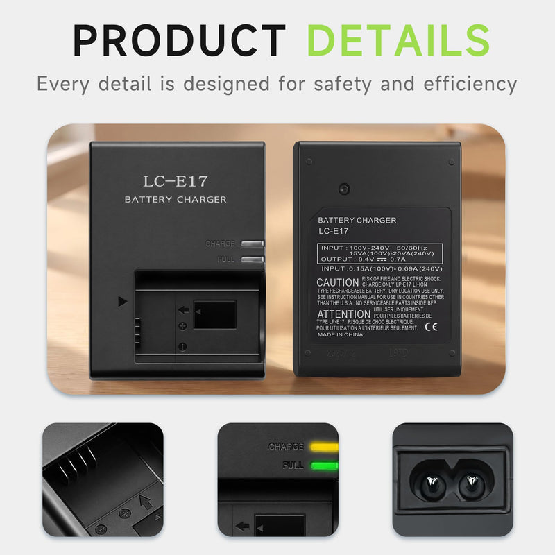 LC-E17 LC-E17E Charger Replacement for Canon EOS RP R10 Rebel T7i T6i | Smart camera battery charger for LP-E17 EOS Rebel T6s, SL3, SL2, EOS 77D, 200D, 250D, 750D, 760D, 800D, 850D