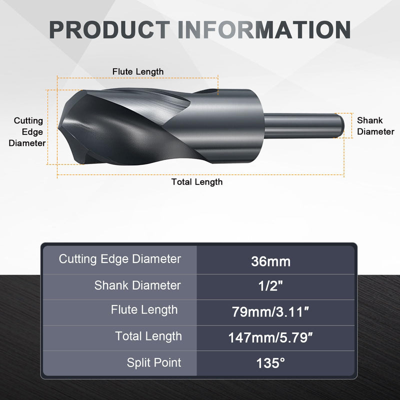 uxcell 36mm Drill Bit 1/2" Reduced Shank M2 High-Speed Steel Nitriding Black 135° Bits for Hard Metal Stainless Steel Professional Round