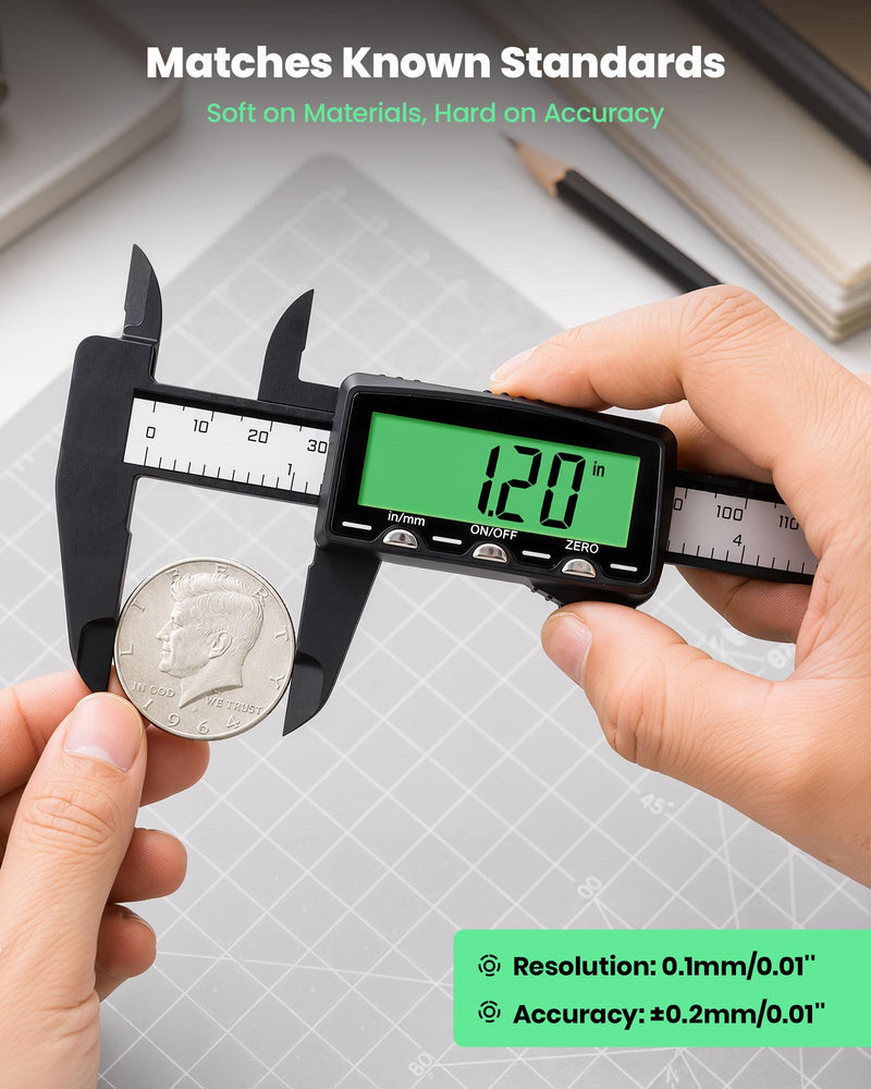 HARDELL Rechargeable Digital Caliper 6", Plastic Calipers with High-Contrast Green Screen (Non-Backlight), Inch/MM, Auto-Off - Everyday Measuring Tool for Woodworking, DIY, Jewelry Making & Household