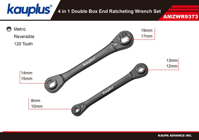 4 in 1 Non-Slip Box End Reversible Ratcheting Wrench Set - 2PCS, Metric, 6pt., 120-Tooth Ratcheting gear, 8MM to 19MM