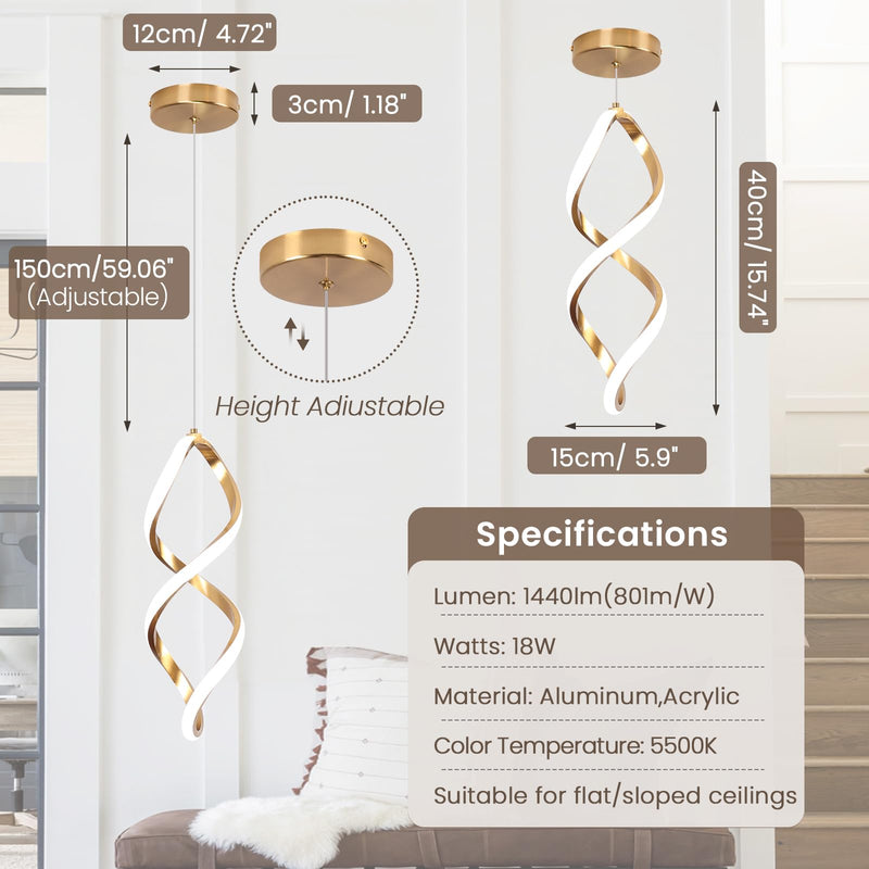 Gold Led Pendant Lights Kitchen Island,5500K Modern Led Pendant Lighting Over Island, Adjustable Hanging Pendant Light Fixtures for Kitchen Bedroom Dining Room Sink, 1 Pack Gold