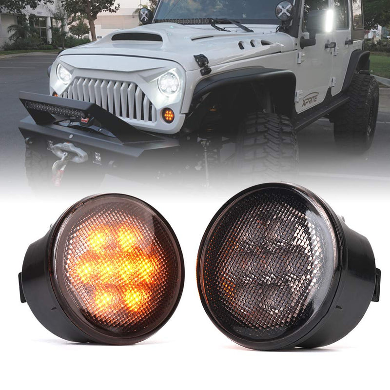 Xprite Amber Smoke Lens LED Turn Signal Lights Assembly with Parking Funtion Compatible with 2007-2018 Jeep Wrangler JK & Wrangler Unlimited