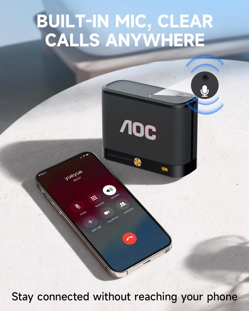 AOC Portable Bluetooth Speaker, Shower Speaker, BT 5.4 with Wireless Stereo Pairing, BassUp, IP65 Waterproof, Dustproof, 30-Hour Playtime, Compact Small for Home, Outdoors, Black