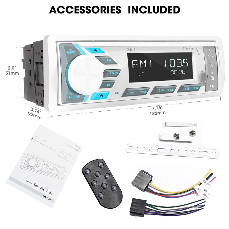 Single Din Marine Radio Bluetooth: Boat Stereo Receiver - Push to Talk Assistant Digital LCD Screen AM FM Tuner 4 Volts Preamp Outputs 2 Subwoofer Ports USB Charging Aux-in Remote Control White Single Din Marine Radio