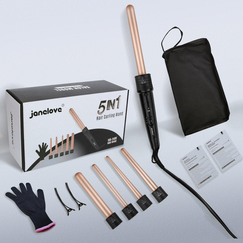janelove Curling Wand,Hair Curlers for Long Hair, Curling Wand Set with 5 Ceramic Barrels,from 9/18/25/32 mm, 150℃-210℃ Temperature Control,with Heat Resistant Glove 5 in 1 (9-32 mm) - 150-210°C