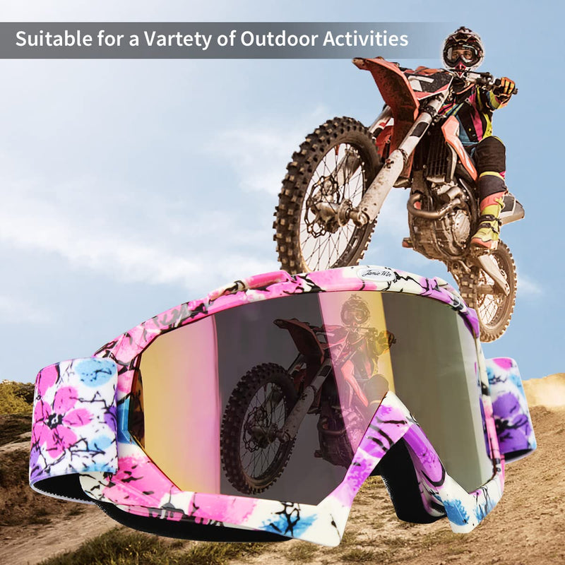 JAMIEWIN Motocross Goggles ATV Dirt Bike Motorcycle UTV MX OTG Offroad Riding Goggles Anti UV Dustproof Anti Fog Racing Skiing Goggles for Men Women Youth Kids Camo Pink Frame + Color Lens