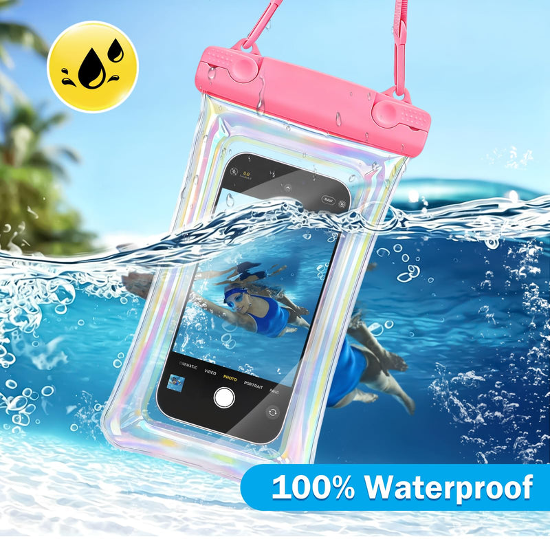 DLseego 2-Pack Iridescent Floating Waterproof Phone Pouch, Pink & Blue Laser TPU IPX8 Dry Bag with Lanyard, Touch Screen Waterproof Case Fit Up to 7 Inch Phone for Swimming Beach Snorkeling Rafting
