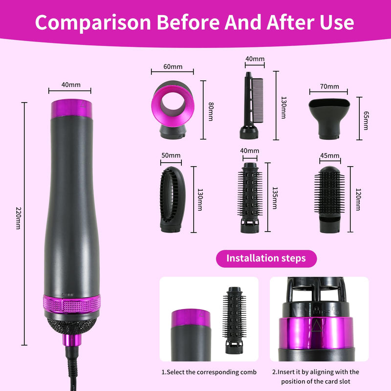 Hair Dryer Brush Blow Dry Hair Brush 6 in 1 Detachable Hair Dryer Hot Air Styler Hot Brush for Hair Styling, Lightweight Travel Hair Dryer, Hot Air Brush for Drying Curling Straightening