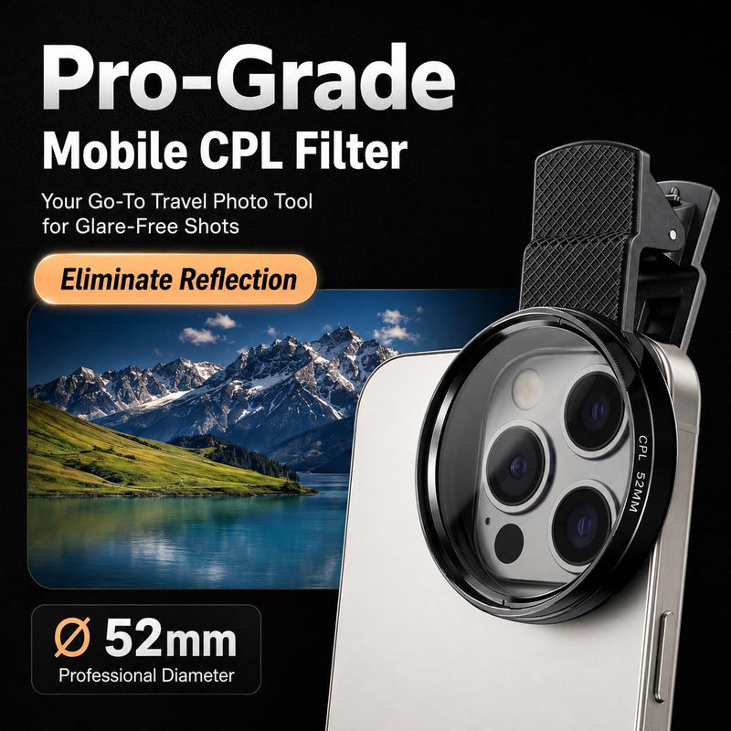 52mm Clip-on CPL Phone Camera Lens Filter Kit, Circular Polarizer Polarizing Filter Compatible with iPhone 17 16 15 14 13 12 11 52mm CPL Filter