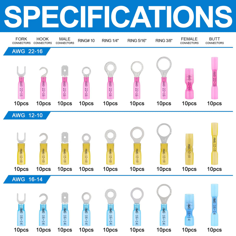 270PCS Marine Grade Heat Shrink Wire Connectors, AWG 22-10 Electrical Eyelet Kit, Waterproof Eyelet Connectors Incl. Ring Fork Spade Butt Splices Hook Crimp Terminals