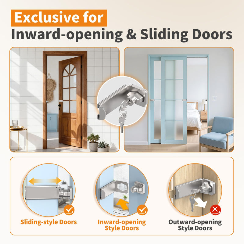 90 Degree Sliding Door Lock, Security Right Angle Hasp Latch Lock, Gate Latch Fit for Barn, Garden, Fence, Patio (Silver, 3.3 in with Key-2 Pcs) Silver