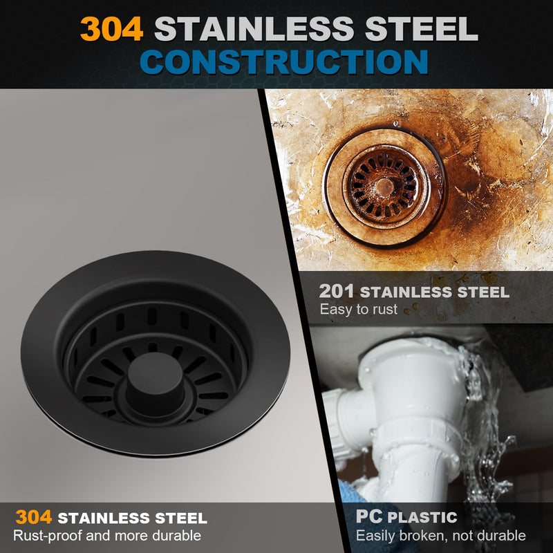 BOTEMY 3-1/2 inch Pop Up Kitchen Sink Drain Strainer Assembly 304 Stainless Steel with Removable Strainer Basket Stopper, Matte Black