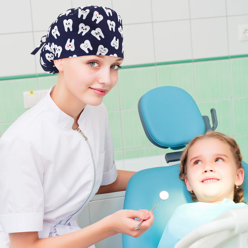 Tisancy 12 Pcs Dental Scrub Cap for Women Nurse Cap with Button Adjustable Dentist Surgical Hat Long Hair Ponytail Pouch Hat Classic