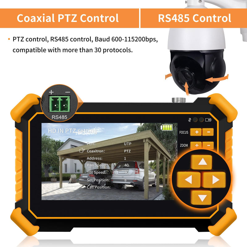 Rsrteng CCTV Tester Monitor Auto HD Coaxial Camera Tester 4K 8MP TVI/CVI/AHD/CVBS Analog Video Monitor 4.3 inch TFT-LCD Screen PTZ Control RS485 Call OSD Menu Audio DC12V Power Output Yellow