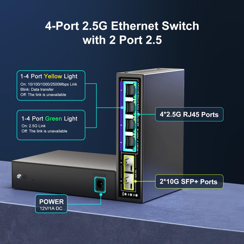 6 Port 2.5G Unmanaged Ethernet Switch, 4 x 2.5G Base-T Ports, 2 x 10G SFP+, Compatible with 100/1000/2500Mbps, Metal Fanless, Desktop/Wall Mount NICGIGA 2.5Gbe Network Switch for Wireless AP, NAS, PC 6 Port | 4x 2.5G + 2x 10G SFP+