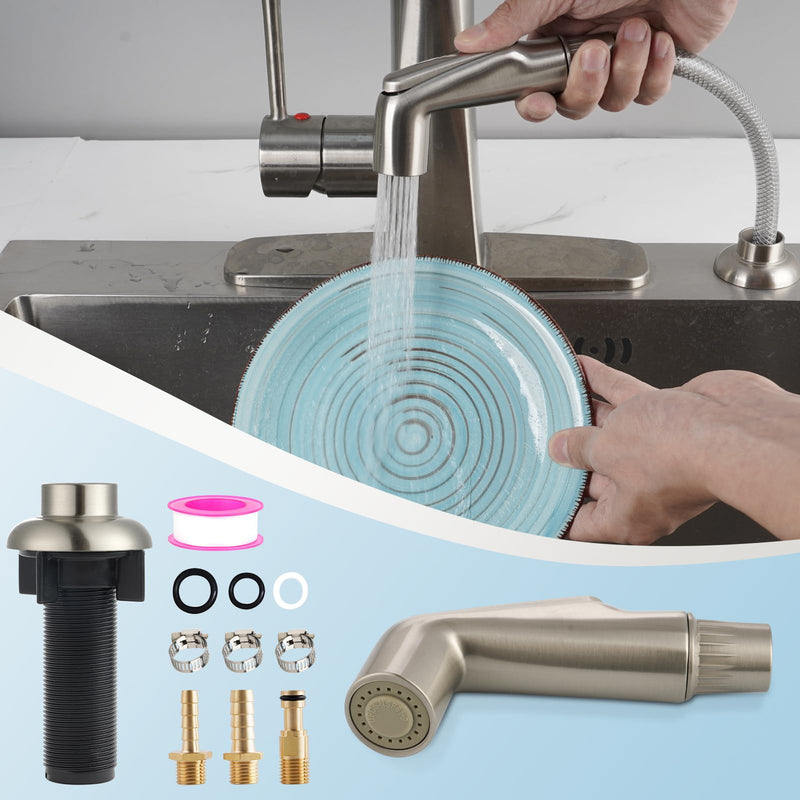 Universal Kitchen Sink Spray Attachment/Hose/Holder Set, Brushed Nickel | Compatible with Moen/Delta Faucet, Kitchen Side Sprayer, Kitchen Sink Faucet Sprayer Replacement Sprayer Head/Hose/Holder Set