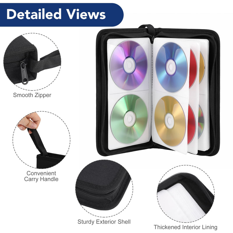 CD Case, 96 Capacity DVD Case Holders with Handle | Portable Storage Organizer for CDs DVDs Case Storage Wallet Binder for Car Home Travel Office(Black)