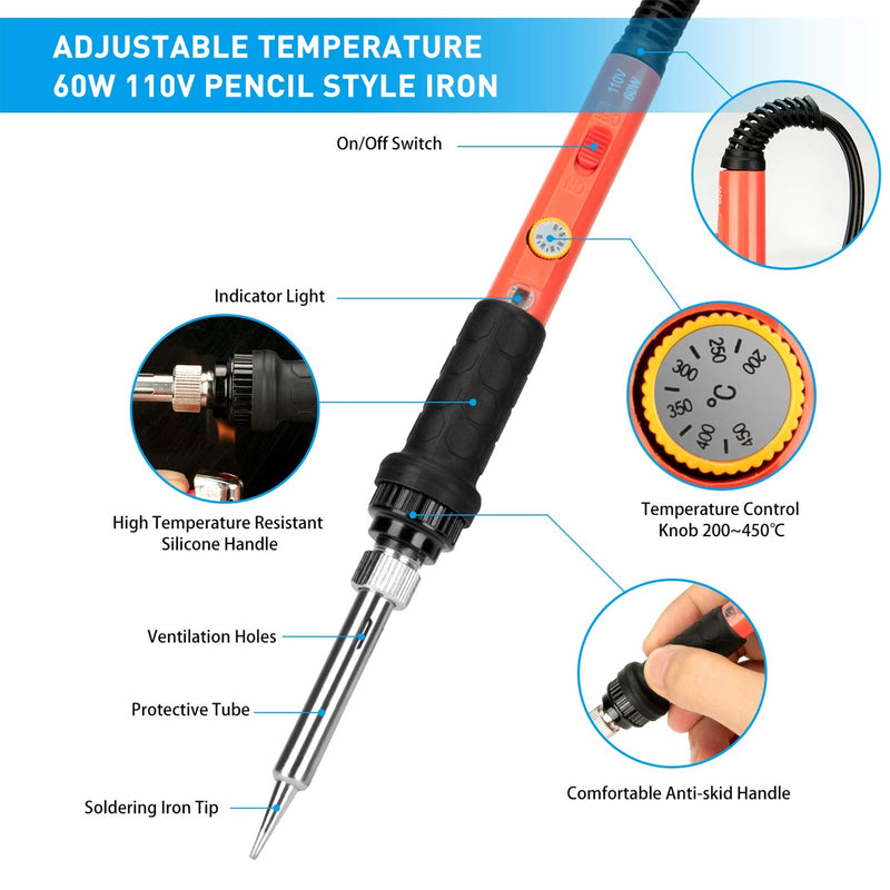 Soldering Iron Kit, 60W Upgraded Soldering Kits Adjustable Temperature Welding Tool Solder Irons Pen with On/Off Switch Use for Electrical Repairs 60w 19-in-1