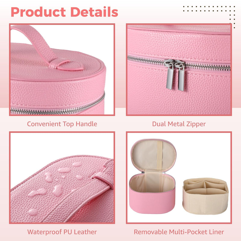 Makeup Vanity Bag for Women - Large Capacity Cosmetic Organizer with Removable Liner, Waterproof PU Leather Skincare Bag, Portable chic Cosmetic Make Up Case for Skincare, Brushes, Accessories, Pink StyleA