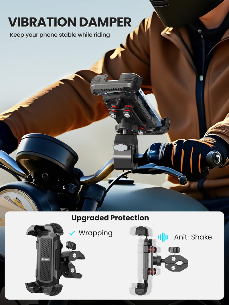 tounee Motorcycle Phone Holder Mount -Dual Vibration Dampener, Tool-Free Bike Phone Holder Handlebar Clip & Secure Lock for iPhone 16/15 Pro Max, 4.7-6.7" Phones - Black